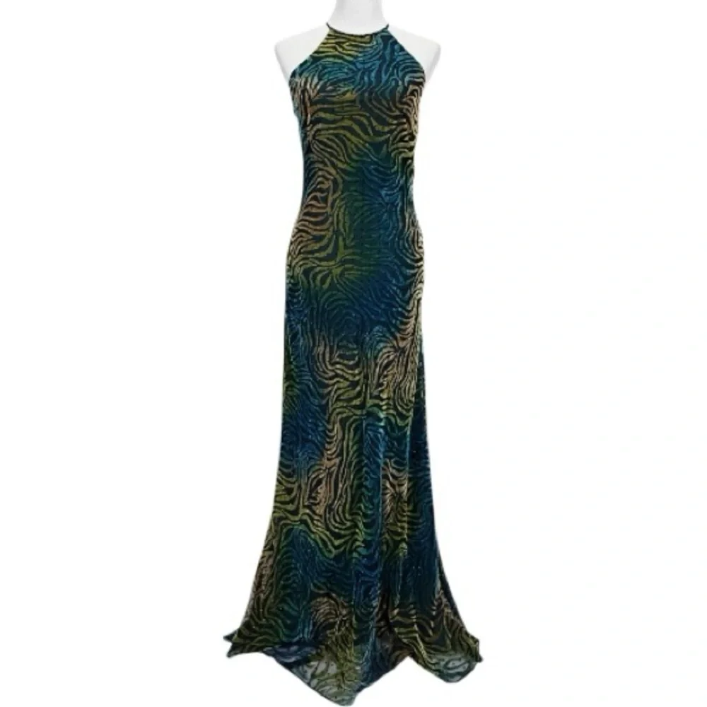 Icon by Kathryn Dianos Green Blue Burnout Velvet Abstract swirl Maxi Dress Party - Picture 17 of 17